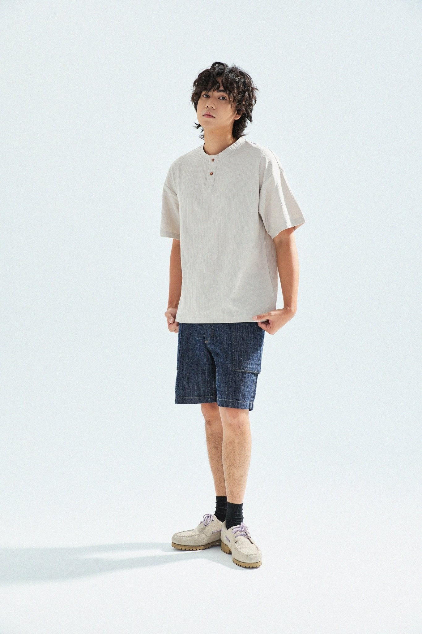 瓦通棉亨利領T-Shirt（象牙白）Corrugated Cotton Henley T-Shirt（Ivory） - Full House Denim & Workshop