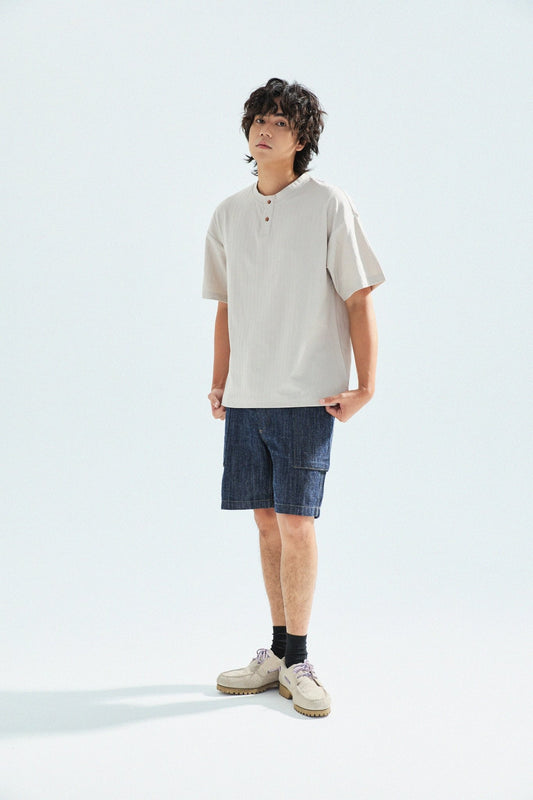 瓦通棉亨利領T-Shirt（象牙白）Corrugated Cotton Henley T-Shirt（Ivory） - Full House Denim & Workshop