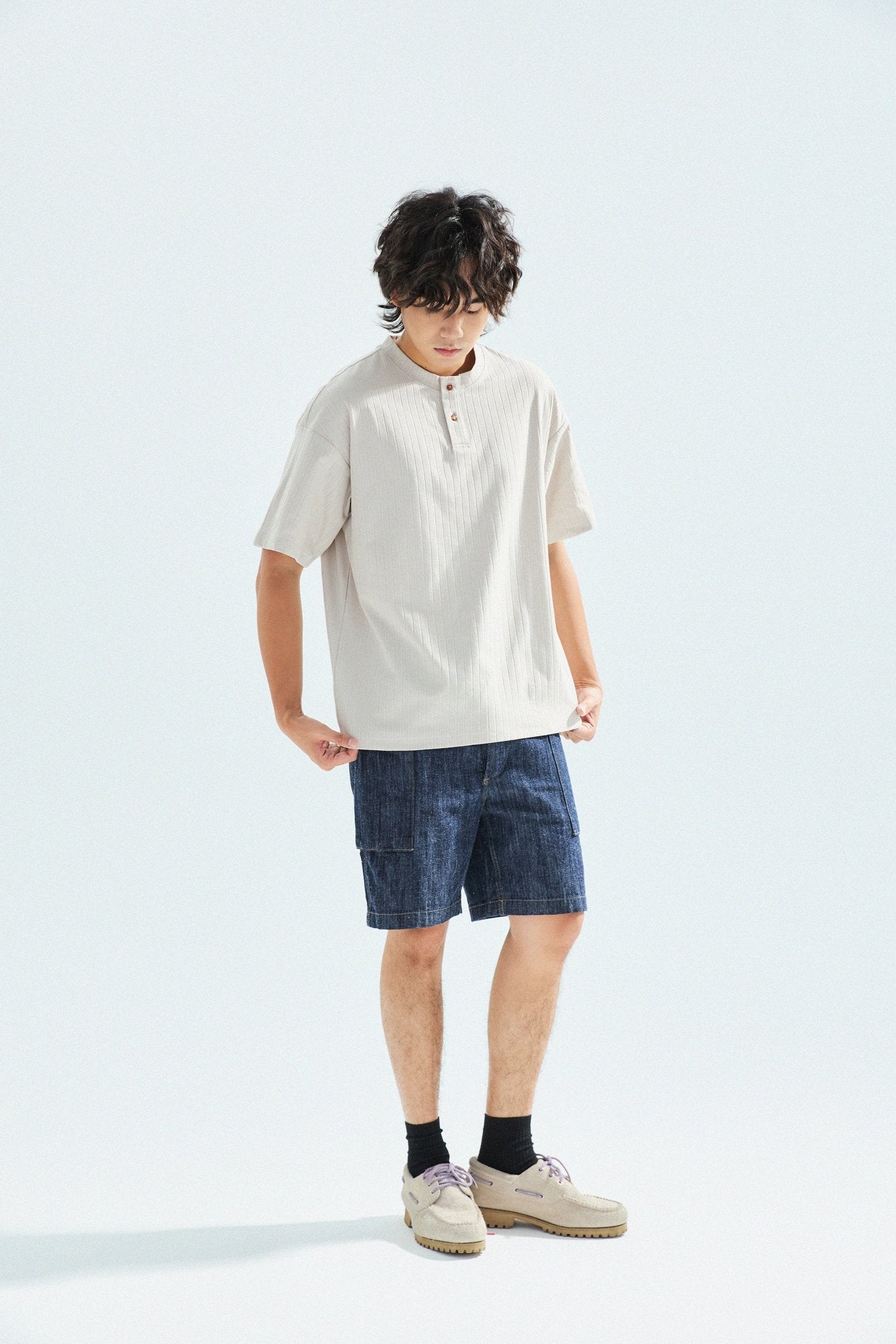 瓦通棉亨利領T-Shirt（象牙白）Corrugated Cotton Henley T-Shirt（Ivory） - Full House Denim & Workshop