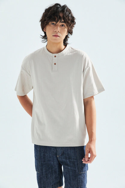 瓦通棉亨利領T-Shirt（象牙白）Corrugated Cotton Henley T-Shirt（Ivory） - Full House Denim & Workshop
