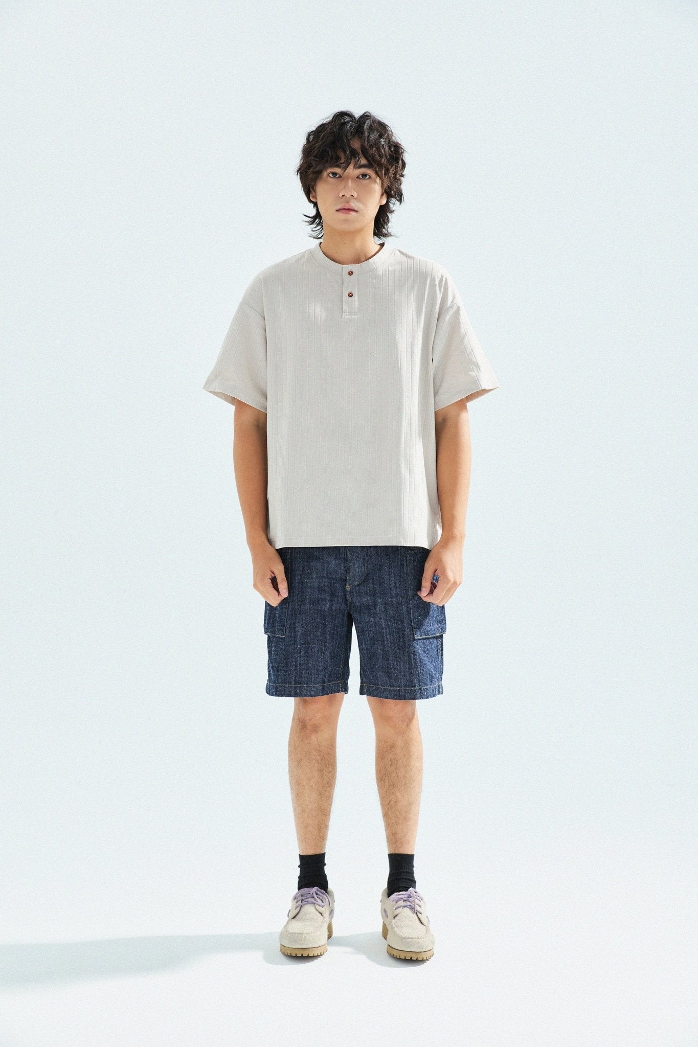 瓦通棉亨利領T-Shirt（象牙白）Corrugated Cotton Henley T-Shirt（Ivory） - Full House Denim & Workshop
