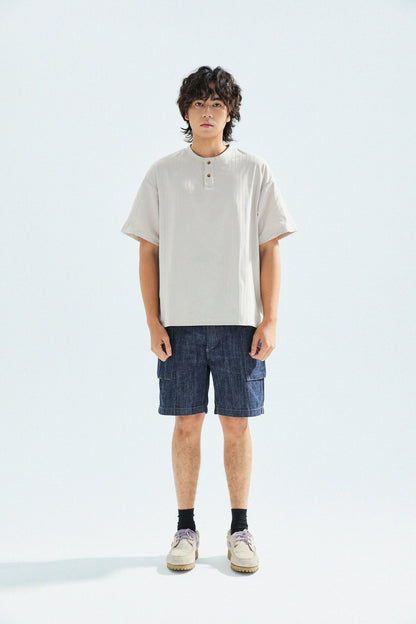 瓦通棉亨利領T-Shirt（象牙白）Corrugated Cotton Henley T-Shirt（Ivory） - Full House Denim & Workshop