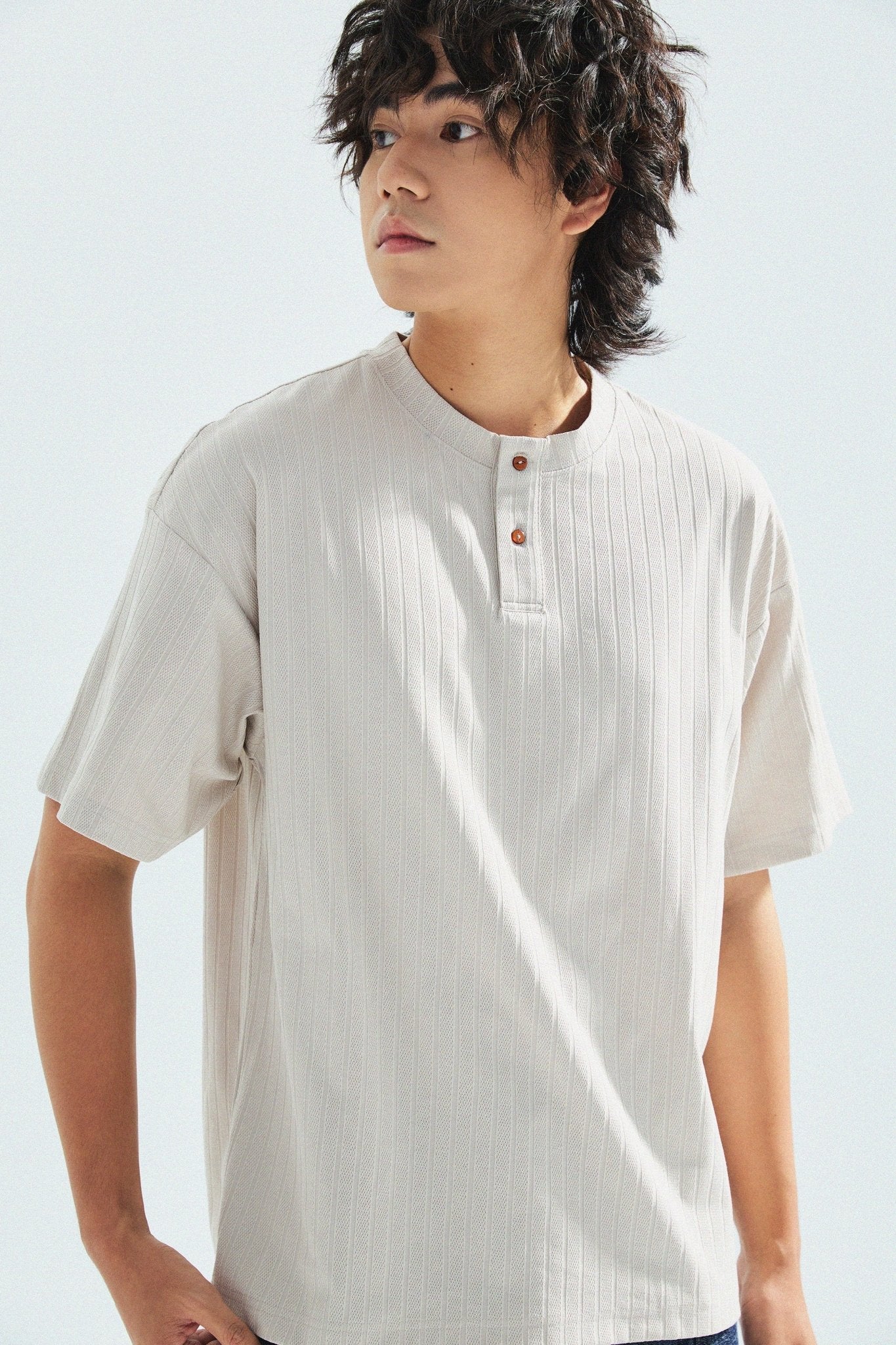 瓦通棉亨利領T-Shirt（象牙白）Corrugated Cotton Henley T-Shirt（Ivory） - Full House Denim & Workshop