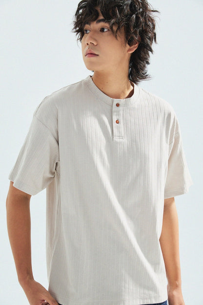 瓦通棉亨利領T-Shirt（象牙白）Corrugated Cotton Henley T-Shirt（Ivory） - Full House Denim & Workshop