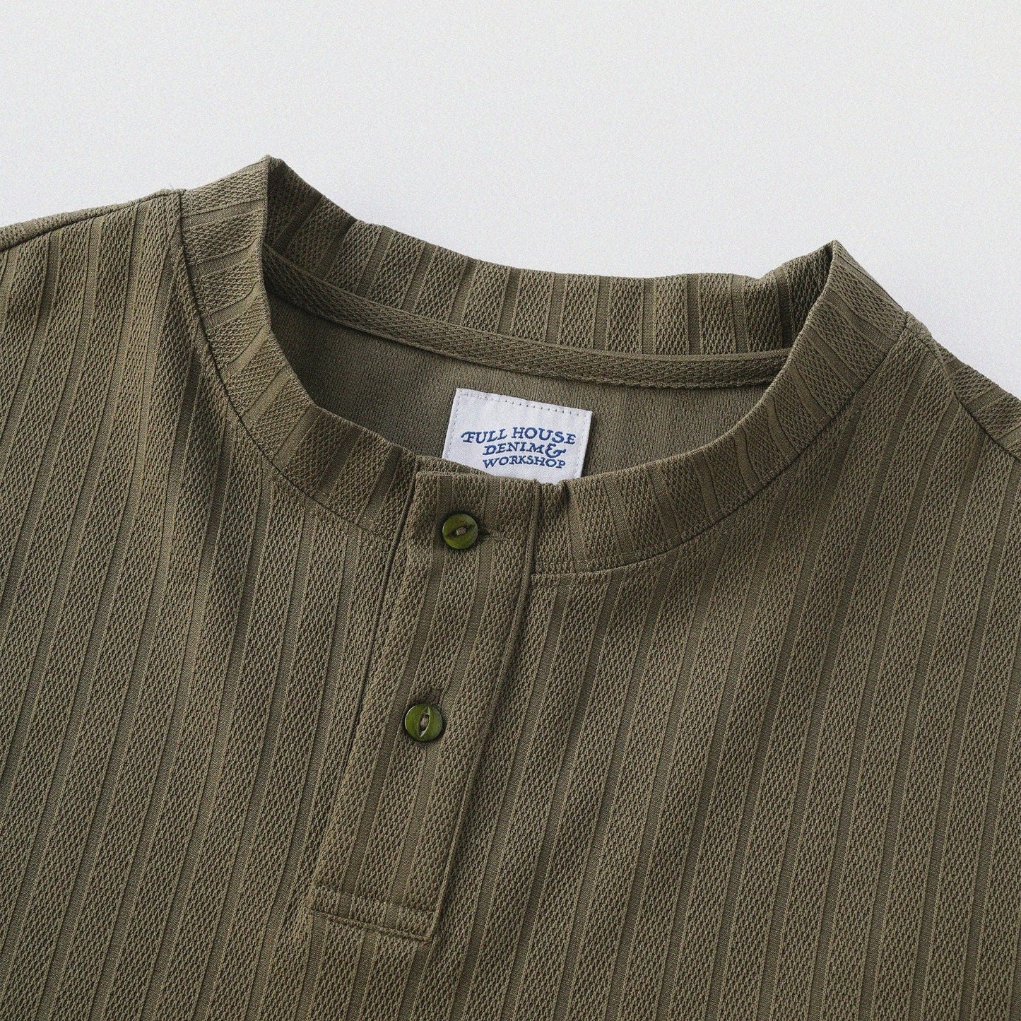 瓦通棉亨利領T-Shirt（橄欖綠）Corrugated Cotton Henley T-Shirt（Olive） - Full House Denim & Workshop