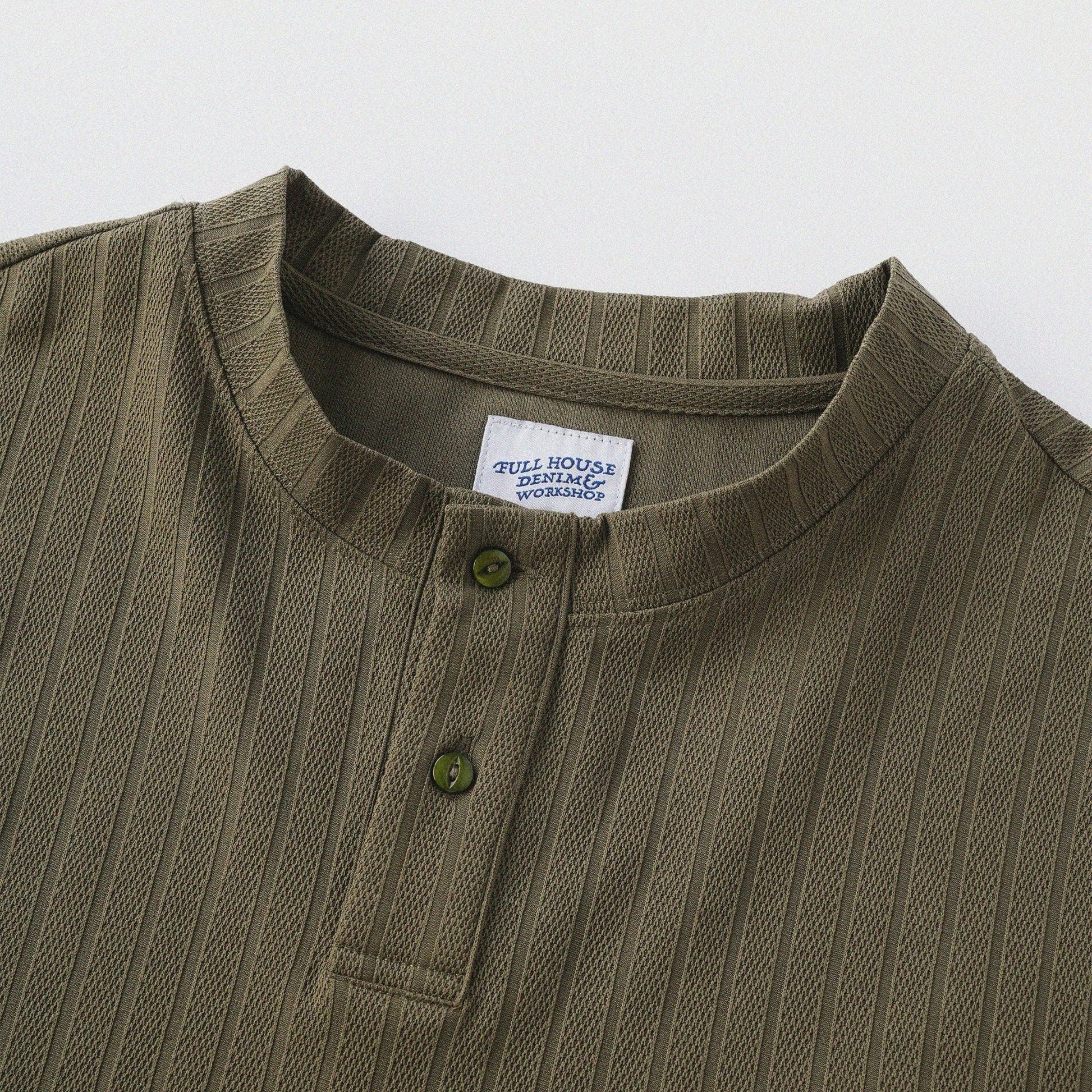 瓦通棉亨利領T-Shirt（橄欖綠）Corrugated Cotton Henley T-Shirt（Olive） - Full House Denim & Workshop