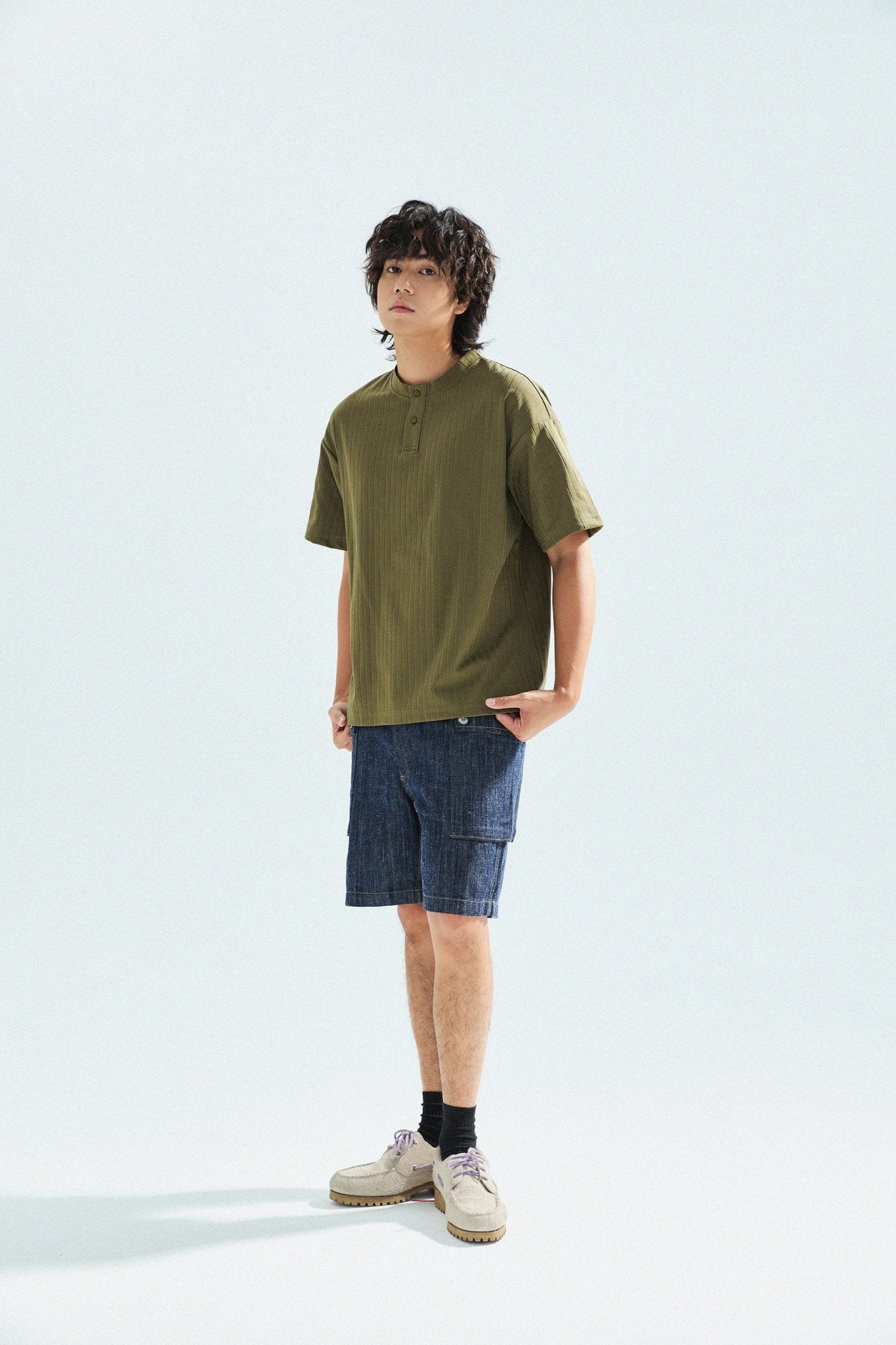 瓦通棉亨利領T-Shirt（橄欖綠）Corrugated Cotton Henley T-Shirt（Olive） - Full House Denim & Workshop