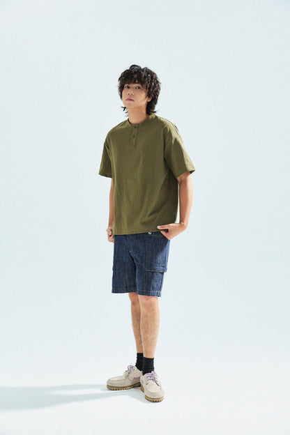 瓦通棉亨利領T-Shirt（橄欖綠）Corrugated Cotton Henley T-Shirt（Olive） - Full House Denim & Workshop
