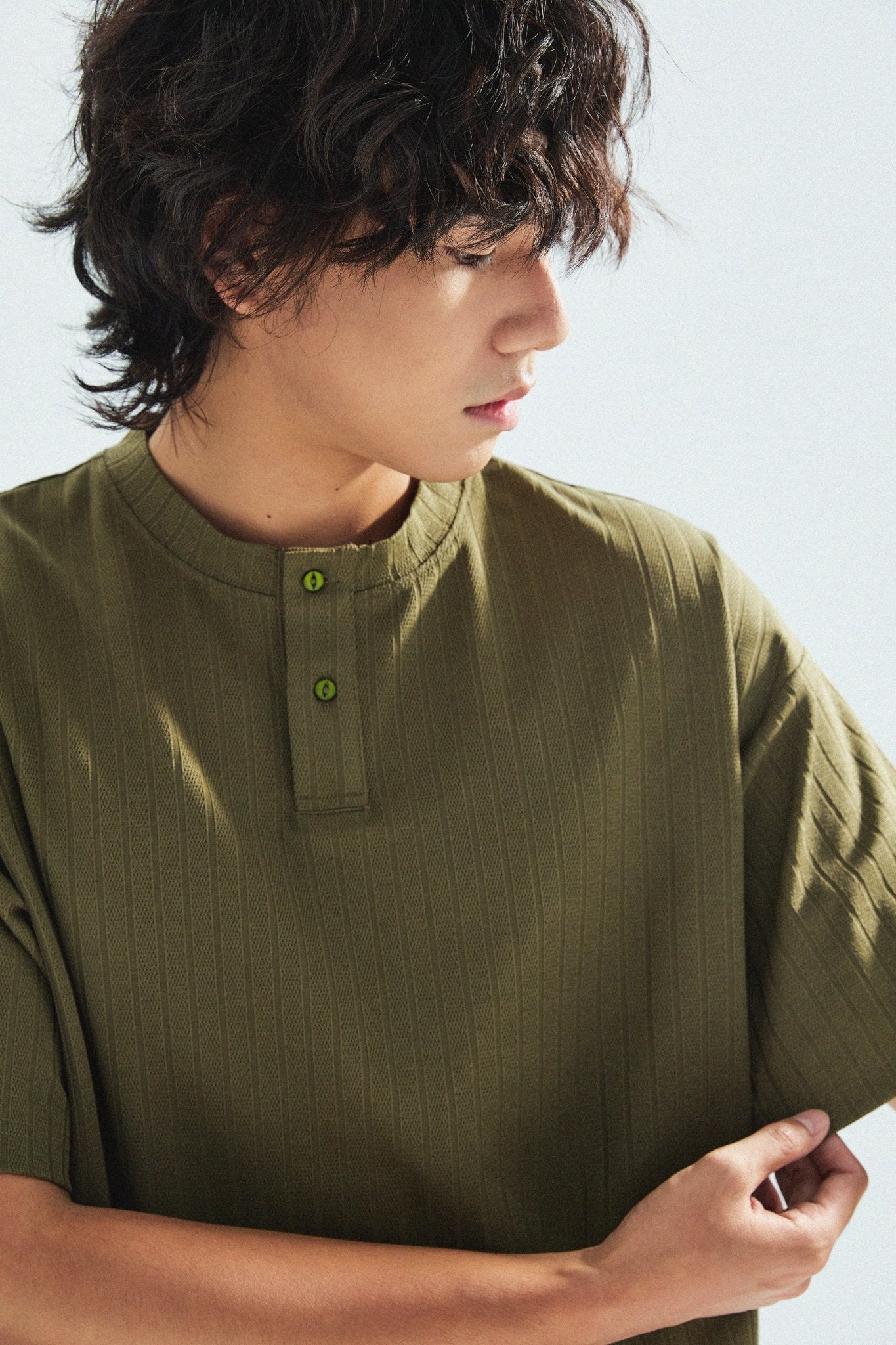 瓦通棉亨利領T-Shirt（橄欖綠）Corrugated Cotton Henley T-Shirt（Olive） - Full House Denim & Workshop