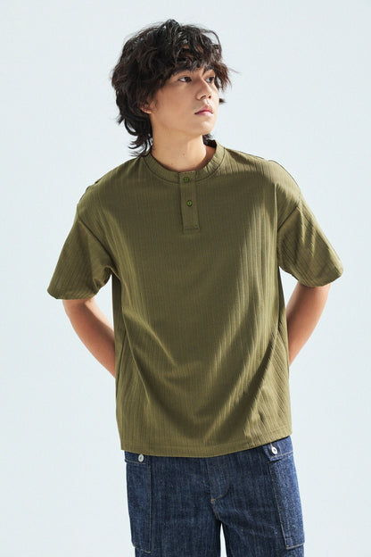 瓦通棉亨利領T-Shirt（橄欖綠）Corrugated Cotton Henley T-Shirt（Olive） - Full House Denim & Workshop