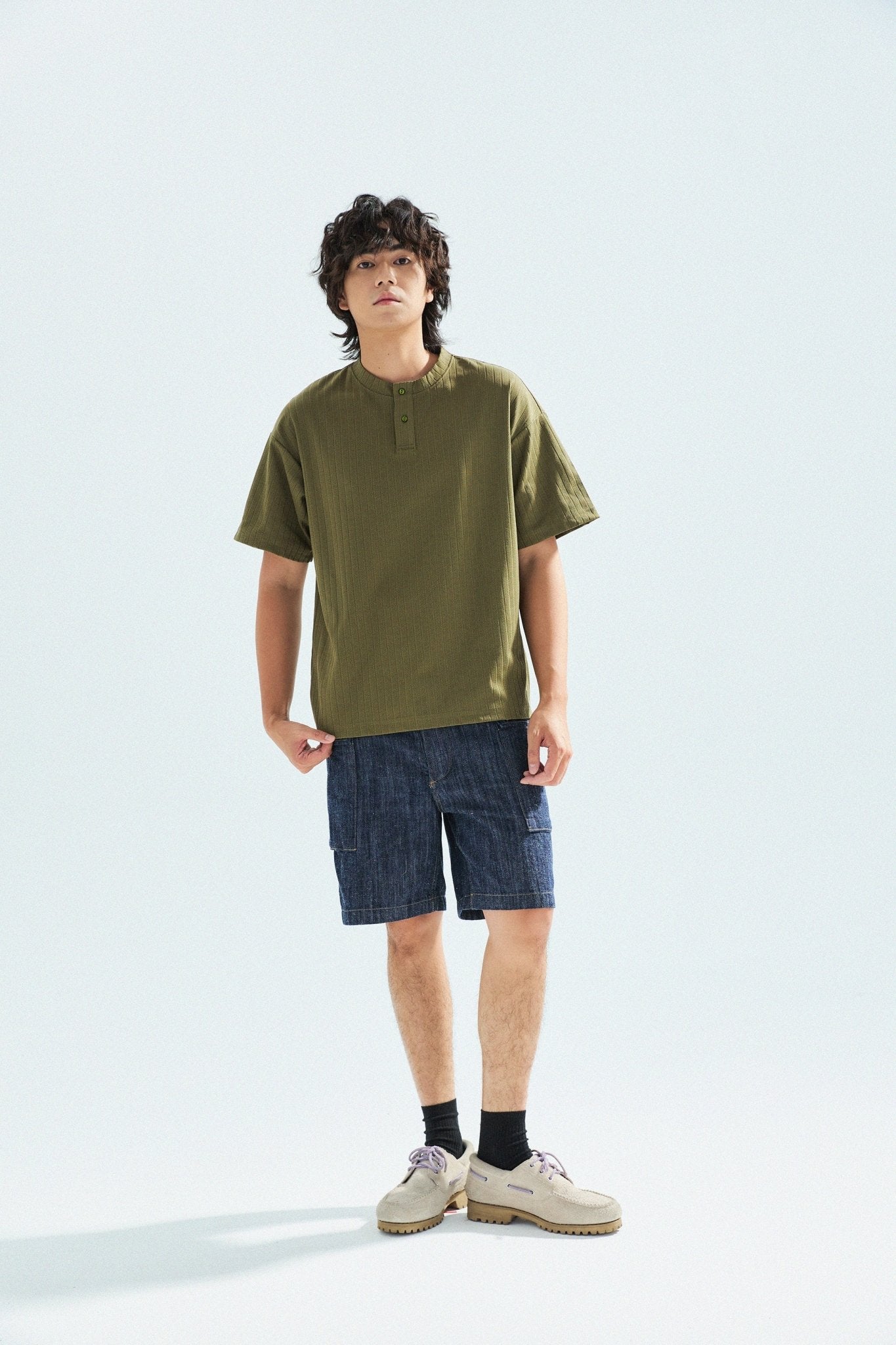 瓦通棉亨利領T-Shirt（橄欖綠）Corrugated Cotton Henley T-Shirt（Olive） - Full House Denim & Workshop