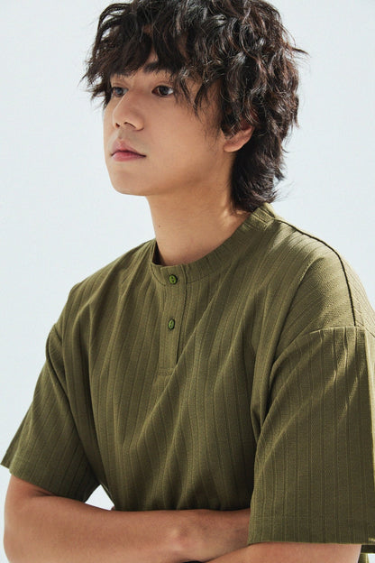 瓦通棉亨利領T-Shirt（橄欖綠）Corrugated Cotton Henley T-Shirt（Olive） - Full House Denim & Workshop