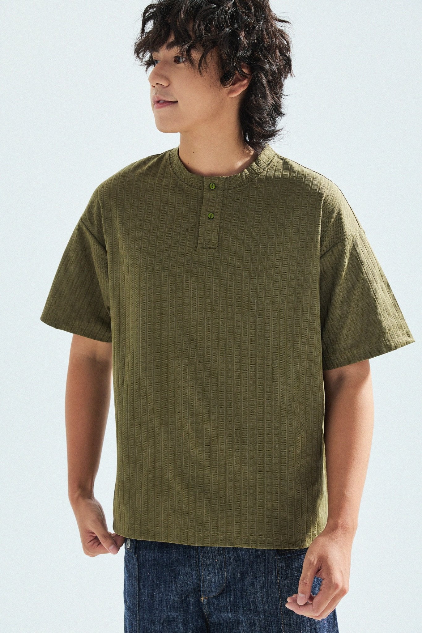 瓦通棉亨利領T-Shirt（橄欖綠）Corrugated Cotton Henley T-Shirt（Olive） - Full House Denim & Workshop