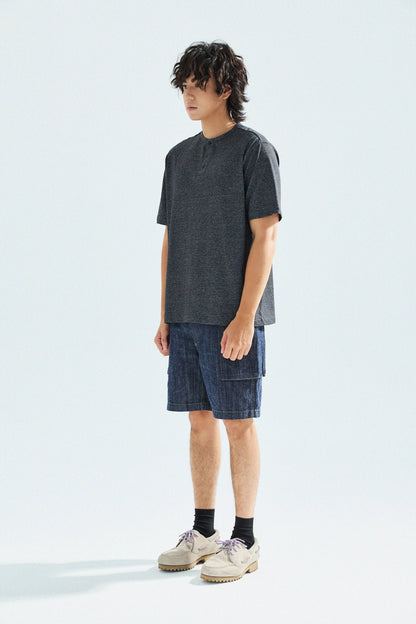 胡椒鹽冷感亨利領T-Shirt（黑色）Salt & Pepper Cooling Henley T-Shirt（Black） - Full House Denim & Workshop