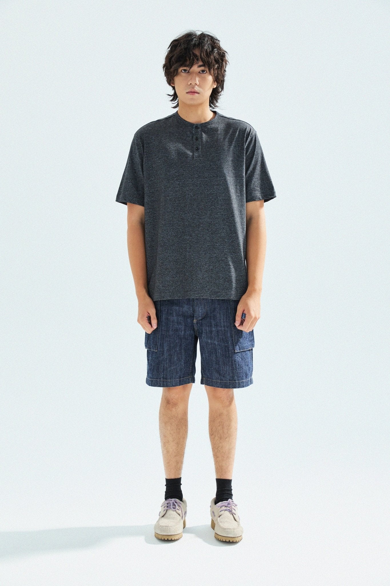 胡椒鹽冷感亨利領T-Shirt（黑色）Salt & Pepper Cooling Henley T-Shirt（Black） - Full House Denim & Workshop