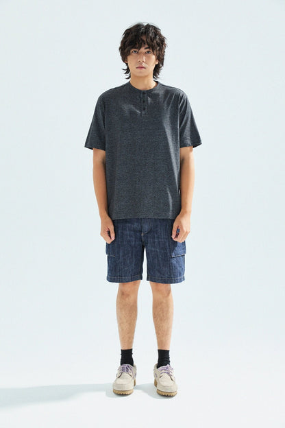 胡椒鹽冷感亨利領T-Shirt（黑色）Salt & Pepper Cooling Henley T-Shirt（Black） - Full House Denim & Workshop