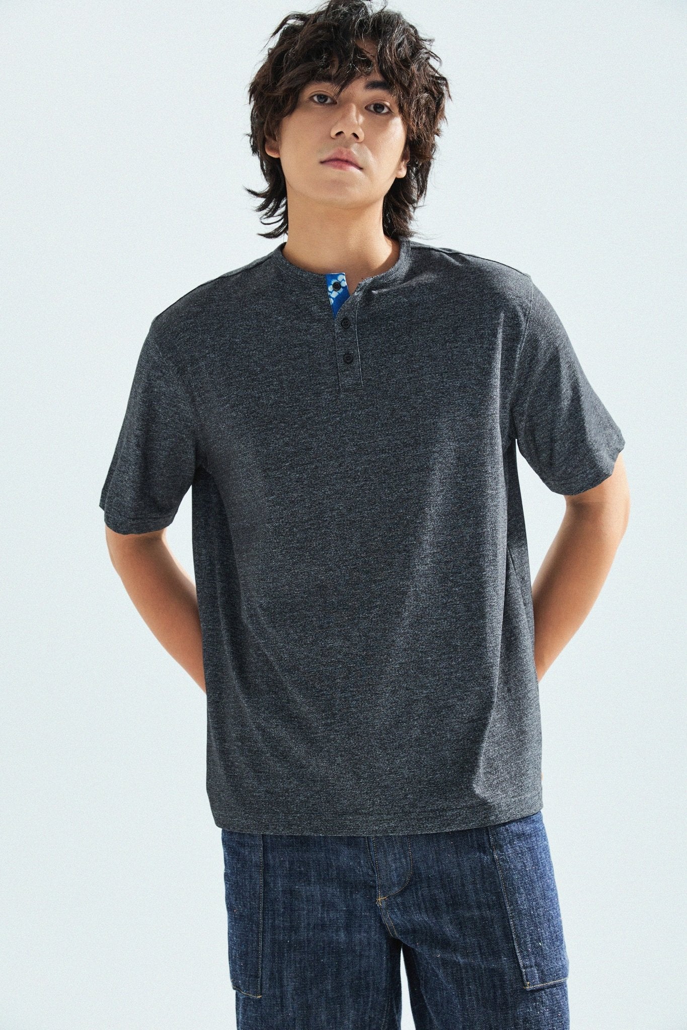 胡椒鹽冷感亨利領T-Shirt（黑色）Salt & Pepper Cooling Henley T-Shirt（Black） - Full House Denim & Workshop