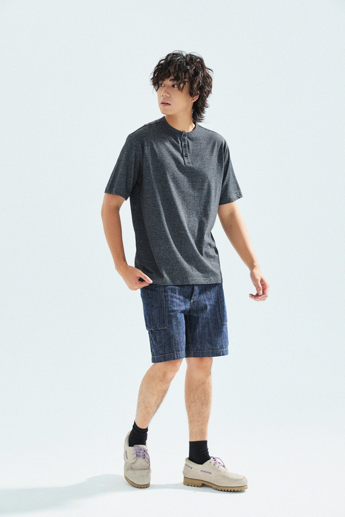胡椒鹽冷感亨利領T-Shirt（黑色）Salt & Pepper Cooling Henley T-Shirt（Black） - Full House Denim & Workshop