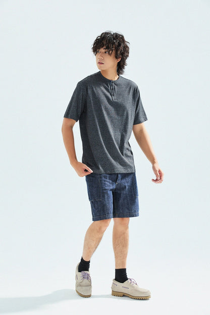 胡椒鹽冷感亨利領T-Shirt（黑色）Salt & Pepper Cooling Henley T-Shirt（Black） - Full House Denim & Workshop
