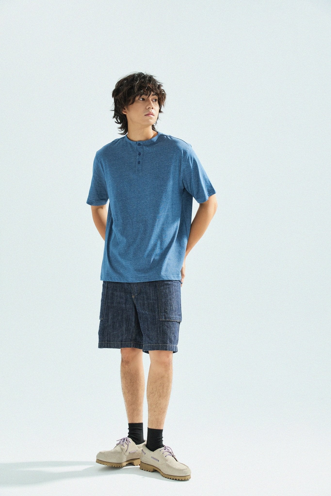 胡椒鹽冷感亨利領T-Shirt（藍色）Salt & Pepper Cooling Henley T-Shirt（Blue） - Full House Denim & Workshop