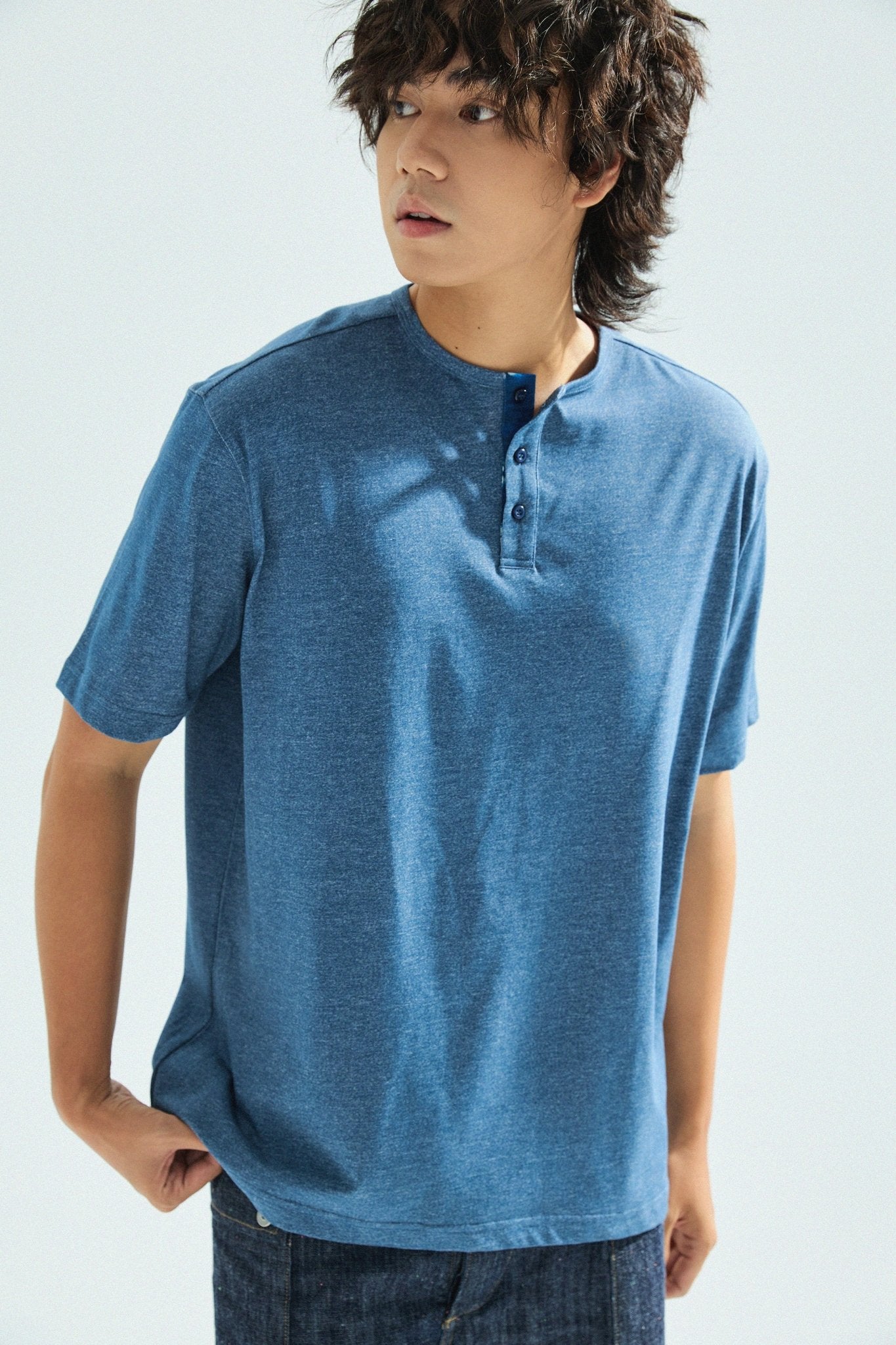 胡椒鹽冷感亨利領T-Shirt（藍色）Salt & Pepper Cooling Henley T-Shirt（Blue） - Full House Denim & Workshop