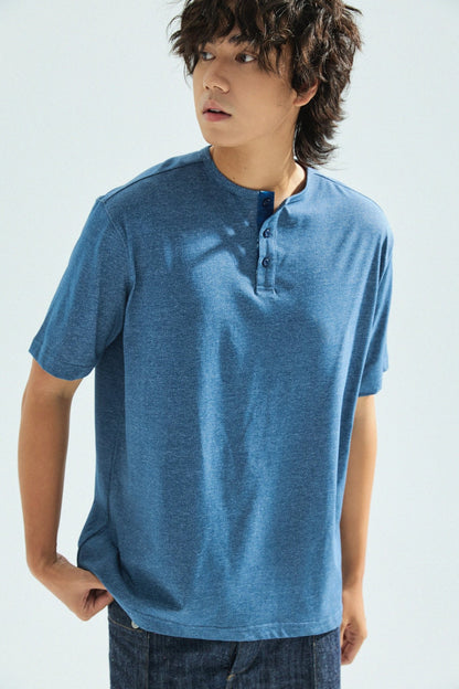 胡椒鹽冷感亨利領T-Shirt（藍色）Salt & Pepper Cooling Henley T-Shirt（Blue） - Full House Denim & Workshop