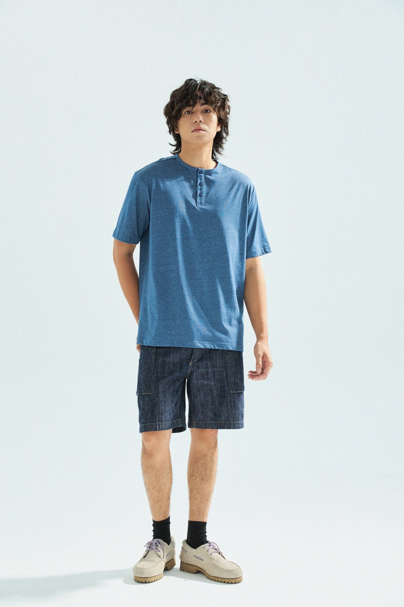 胡椒鹽冷感亨利領T-Shirt（藍色）Salt & Pepper Cooling Henley T-Shirt（Blue） - Full House Denim & Workshop