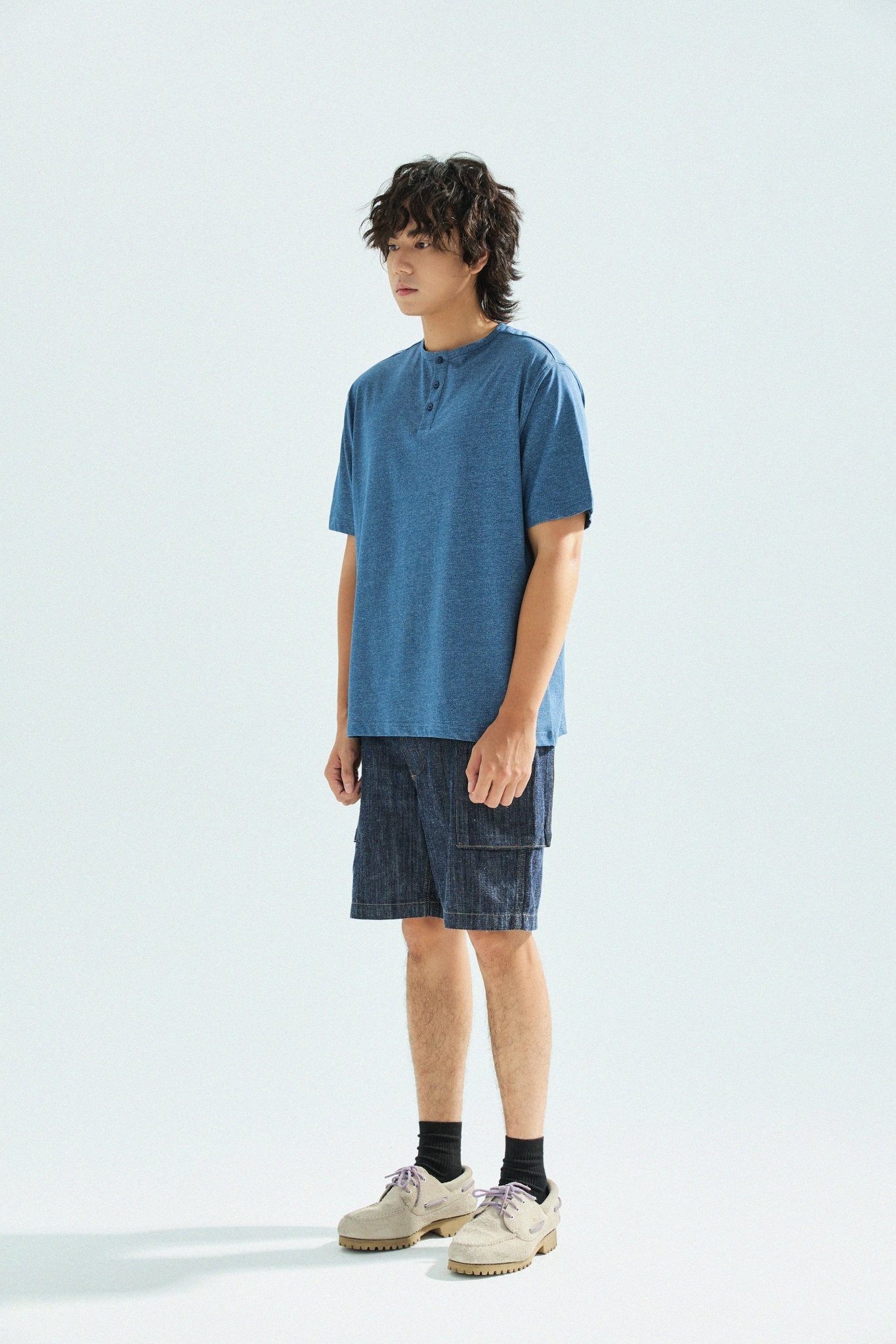 胡椒鹽冷感亨利領T-Shirt（藍色）Salt & Pepper Cooling Henley T-Shirt（Blue） - Full House Denim & Workshop