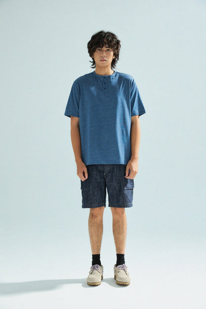 胡椒鹽冷感亨利領T-Shirt（藍色）Salt & Pepper Cooling Henley T-Shirt（Blue） - Full House Denim & Workshop