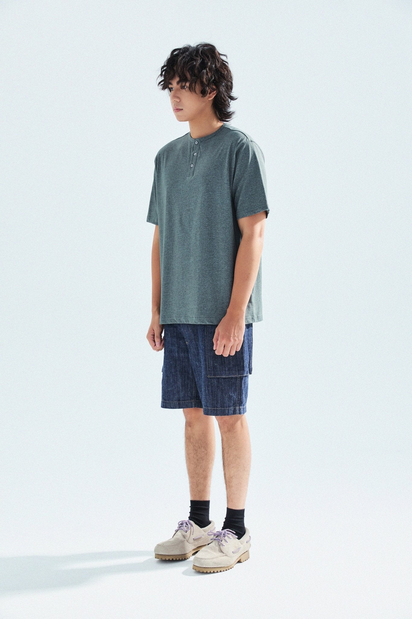 胡椒鹽冷感亨利領T-Shirt（灰色）Salt & Pepper Cooling Henley T-Shirt（Grey） - Full House Denim & Workshop