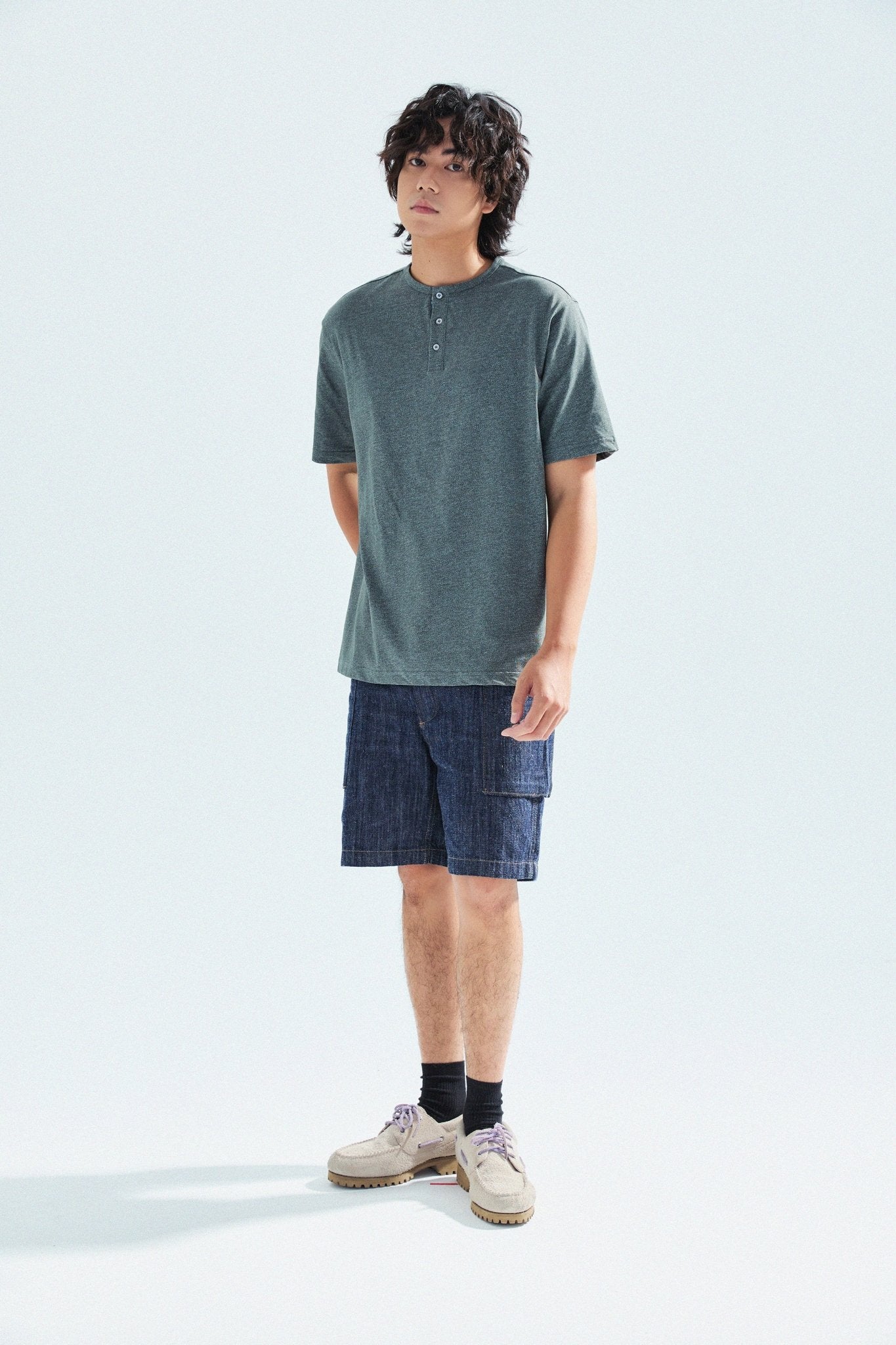 胡椒鹽冷感亨利領T-Shirt（灰色）Salt & Pepper Cooling Henley T-Shirt（Grey） - Full House Denim & Workshop