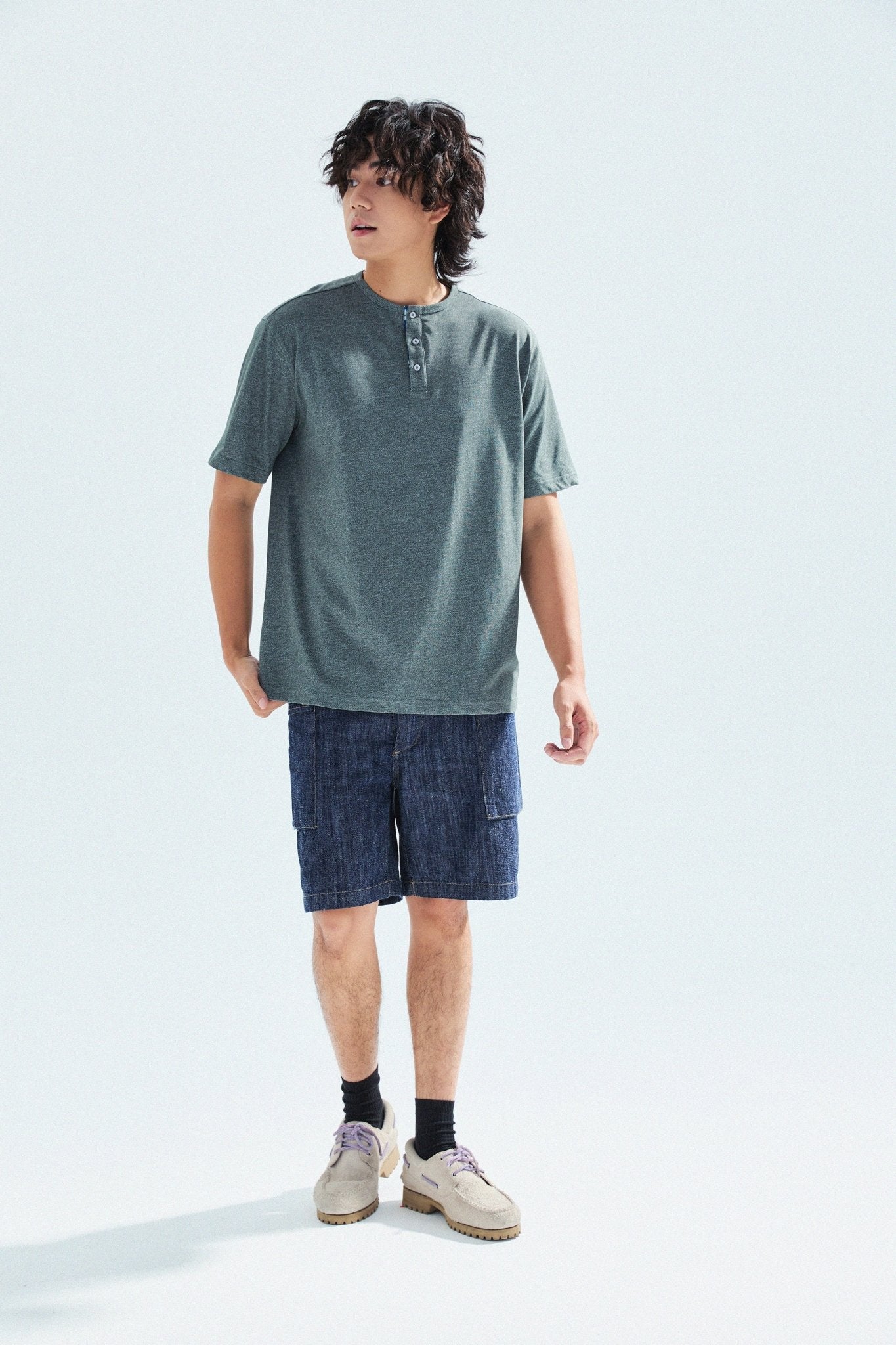 胡椒鹽冷感亨利領T-Shirt（灰色）Salt & Pepper Cooling Henley T-Shirt（Grey） - Full House Denim & Workshop