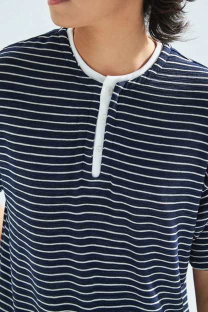 天竺棉假兩件亨利領T-Shirt（獺見色）Slub Cotton Faux Layered Henley T-Shirt（DARK BLUE） - Full House Denim & Workshop