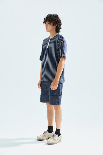 天竺棉假兩件亨利領T-Shirt（獺見色）Slub Cotton Faux Layered Henley T-Shirt（DARK BLUE） - Full House Denim & Workshop
