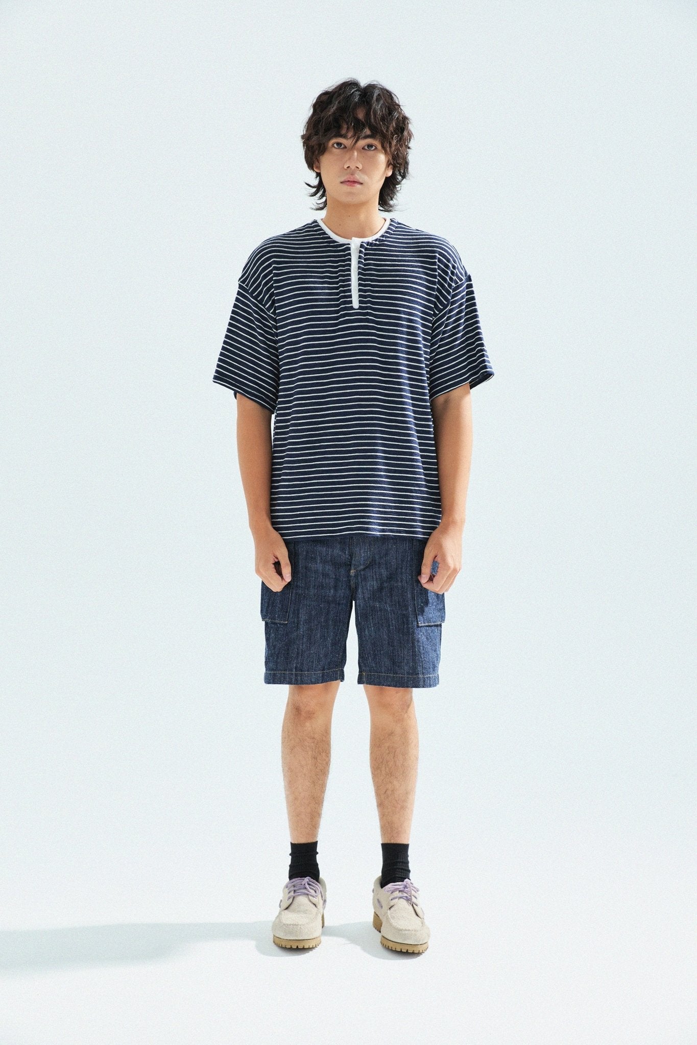 天竺棉假兩件亨利領T-Shirt（獺見色）Slub Cotton Faux Layered Henley T-Shirt（DARK BLUE） - Full House Denim & Workshop