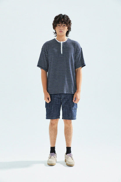 天竺棉假兩件亨利領T-Shirt（獺見色）Slub Cotton Faux Layered Henley T-Shirt（DARK BLUE） - Full House Denim & Workshop