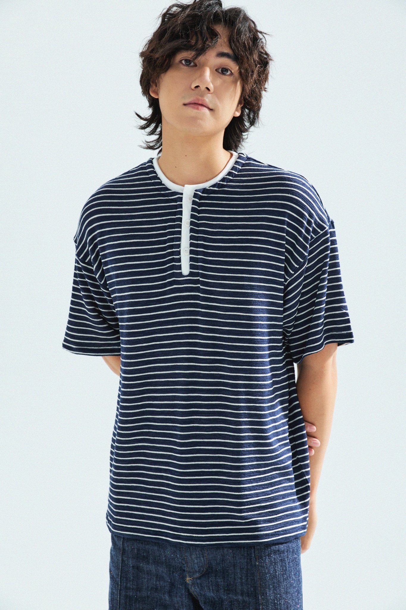 天竺棉假兩件亨利領T-Shirt（獺見色）Slub Cotton Faux Layered Henley T-Shirt（DARK BLUE） - Full House Denim & Workshop