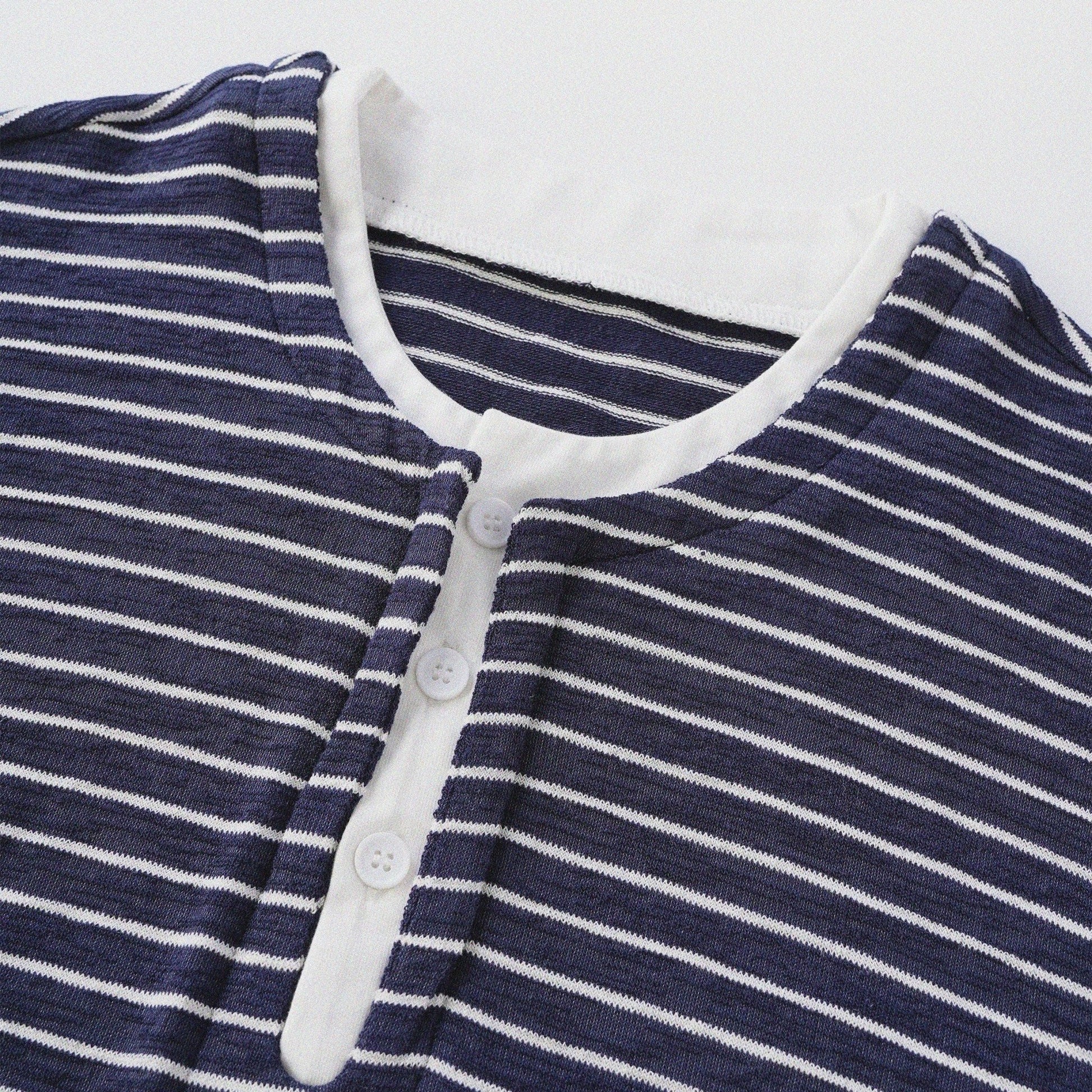 天竺棉假兩件亨利領T-Shirt（獺見色）Slub Cotton Faux Layered Henley T-Shirt（DARK BLUE） - Full House Denim & Workshop