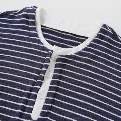 天竺棉假兩件亨利領T-Shirt（獺見色）Slub Cotton Faux Layered Henley T-Shirt（DARK BLUE） - Full House Denim & Workshop