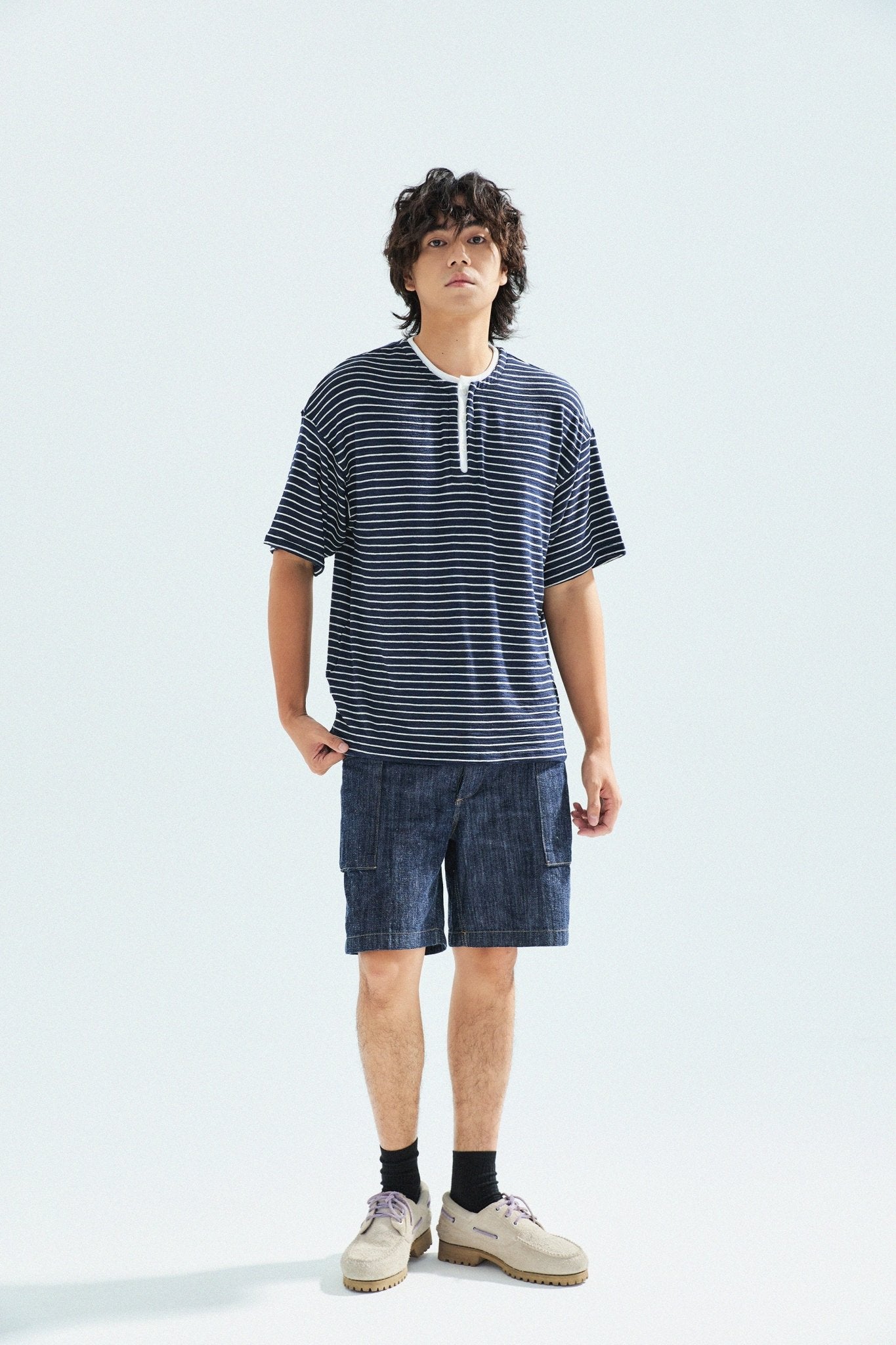 天竺棉假兩件亨利領T-Shirt（獺見色）Slub Cotton Faux Layered Henley T-Shirt（DARK BLUE） - Full House Denim & Workshop