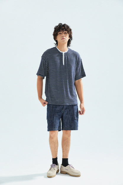 天竺棉假兩件亨利領T-Shirt（獺見色）Slub Cotton Faux Layered Henley T-Shirt（DARK BLUE） - Full House Denim & Workshop