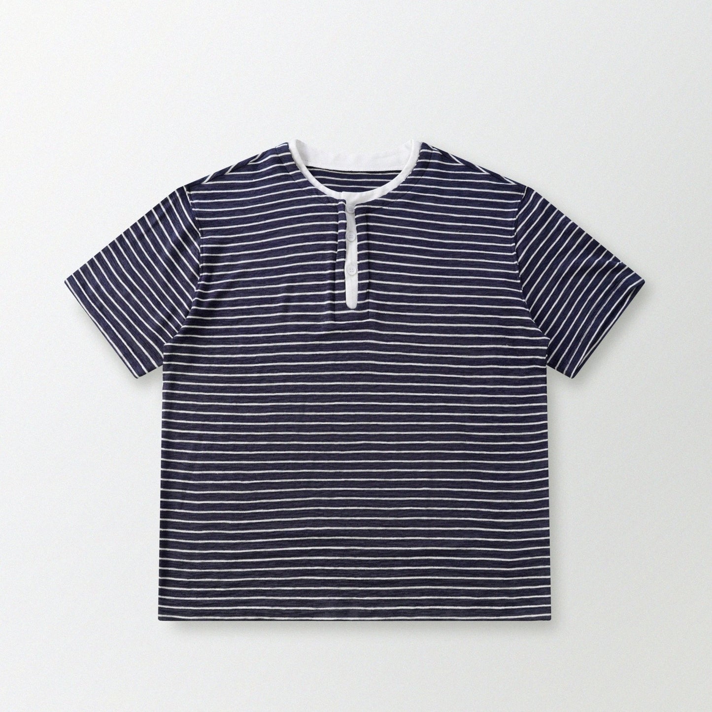 天竺棉假兩件亨利領T-Shirt（獺見色）Slub Cotton Faux Layered Henley T-Shirt（DARK BLUE） - Full House Denim & Workshop