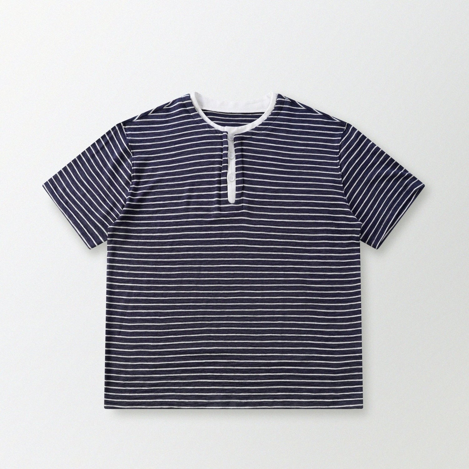 天竺棉假兩件亨利領T-Shirt（獺見色）Slub Cotton Faux Layered Henley T-Shirt（DARK BLUE） - Full House Denim & Workshop