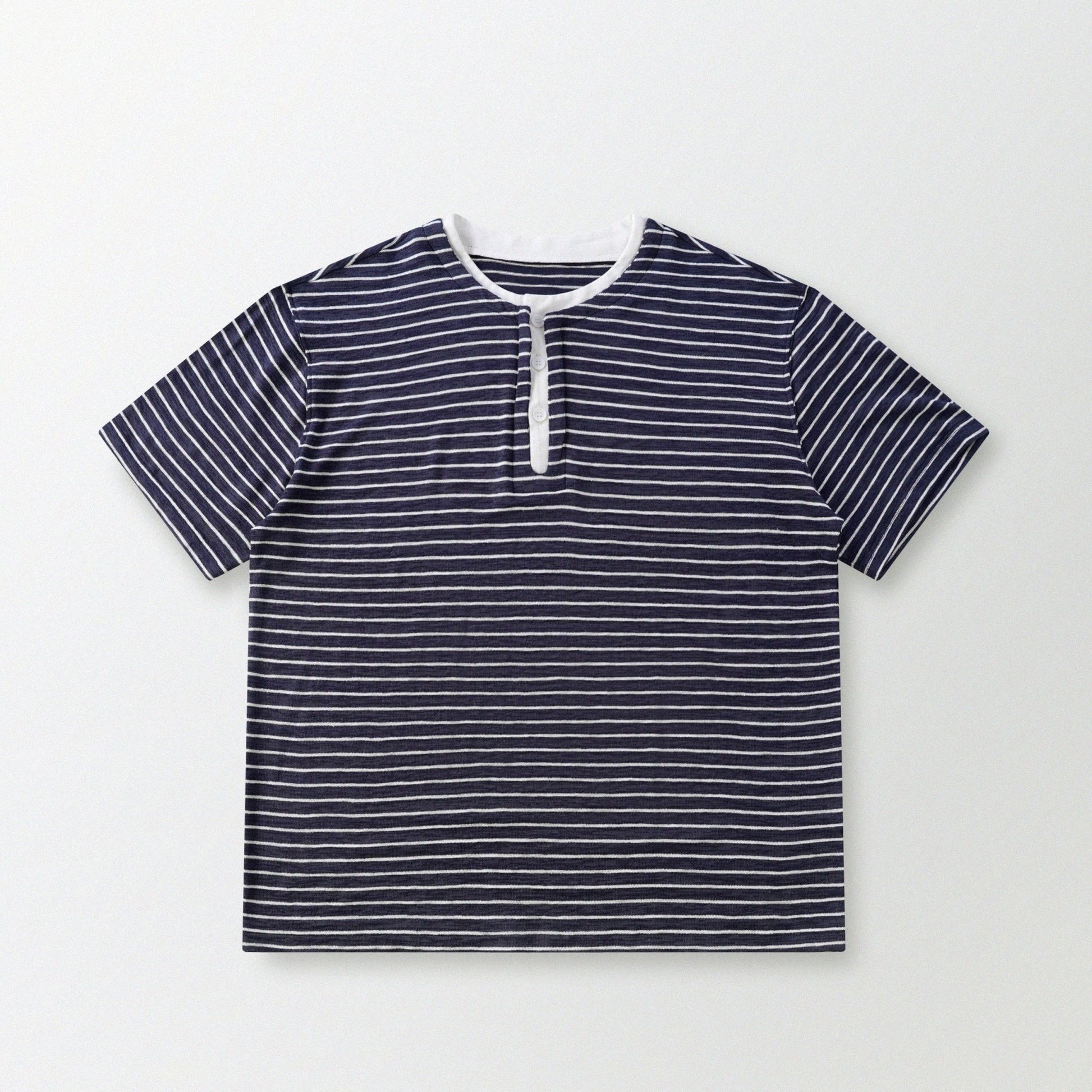 天竺棉假兩件亨利領T-Shirt（獺見色）Slub Cotton Faux Layered Henley T-Shirt（DARK BLUE） - Full House Denim & Workshop