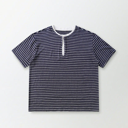 天竺棉假兩件亨利領T-Shirt（獺見色）Slub Cotton Faux Layered Henley T-Shirt（DARK BLUE） - Full House Denim & Workshop