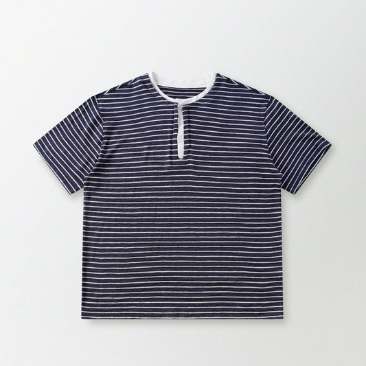 天竺棉假兩件亨利領T-Shirt（獺見色）Slub Cotton Faux Layered Henley T-Shirt（DARK BLUE） - Full House Denim & Workshop