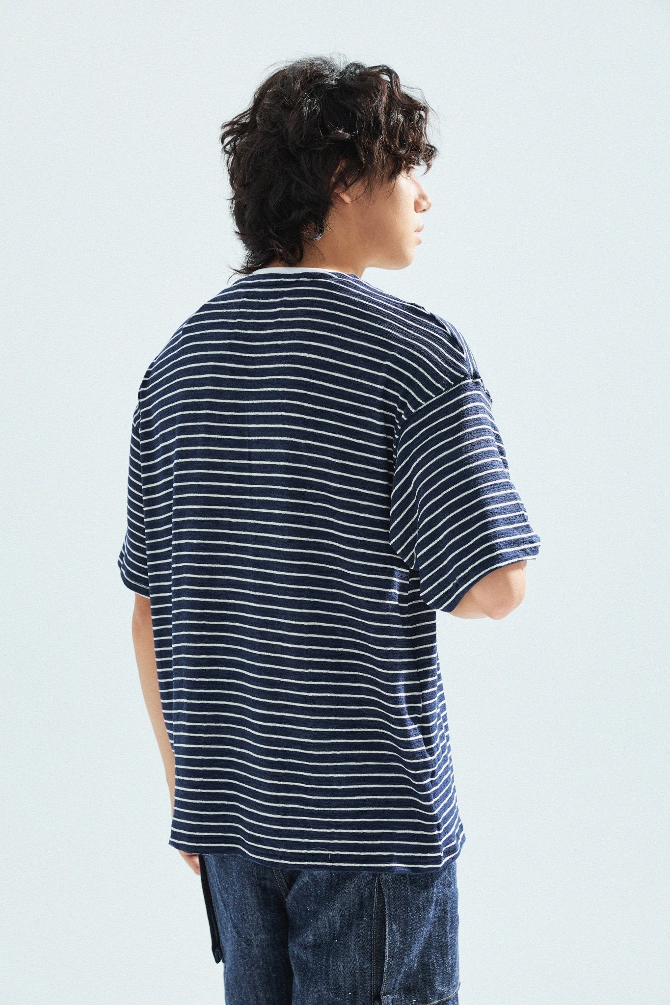 天竺棉假兩件亨利領T-Shirt（獺見色）Slub Cotton Faux Layered Henley T-Shirt（DARK BLUE） - Full House Denim & Workshop