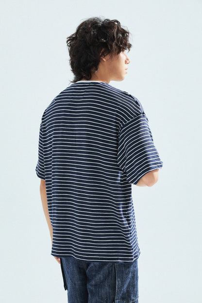 天竺棉假兩件亨利領T-Shirt（獺見色）Slub Cotton Faux Layered Henley T-Shirt（DARK BLUE） - Full House Denim & Workshop