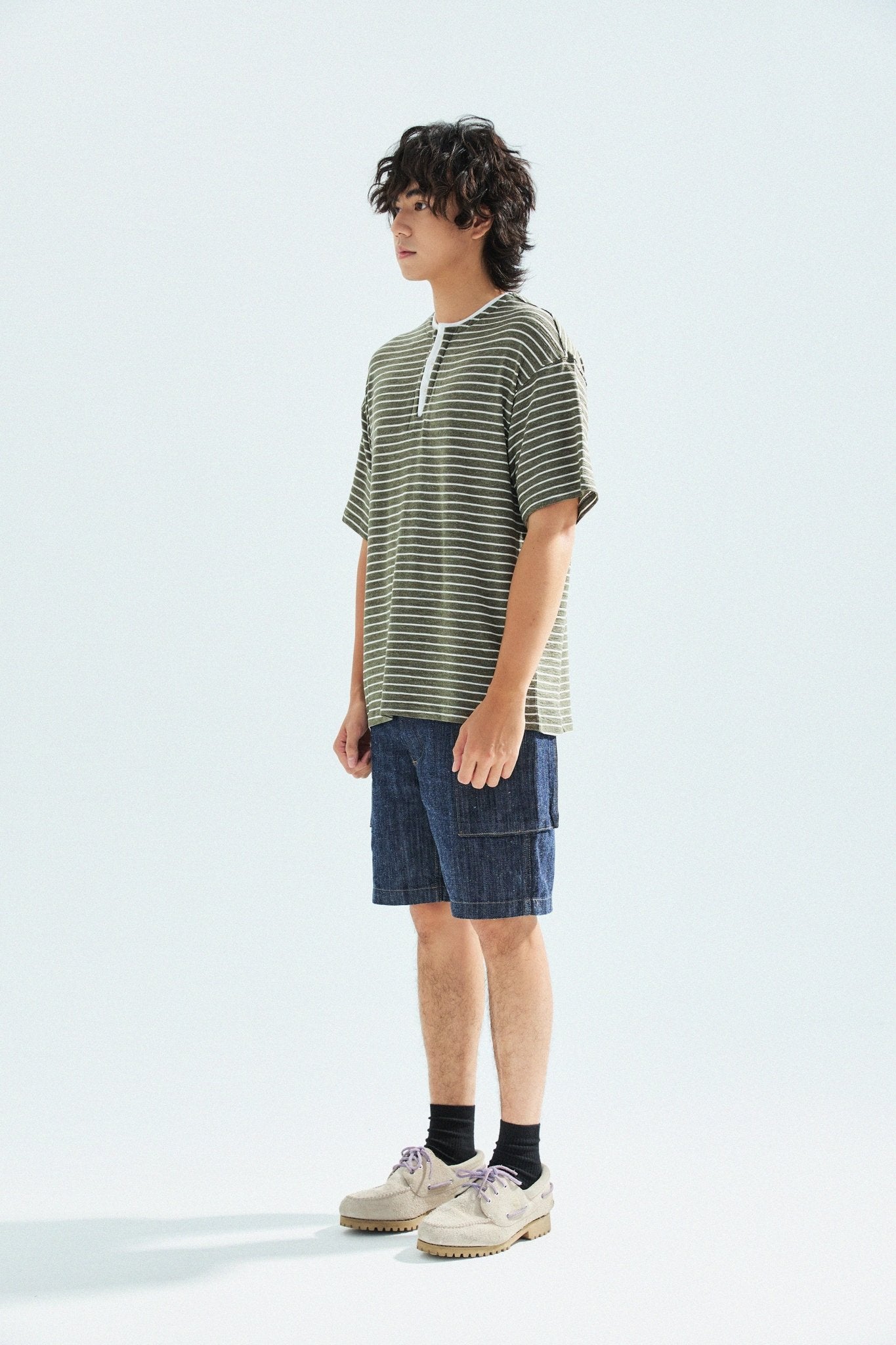 天竺棉假兩件亨利領T-Shirt（出岫色）Slub Cotton Faux Layered Henley T-Shirt（HILLSIDE GREEN） - Full House Denim & Workshop
