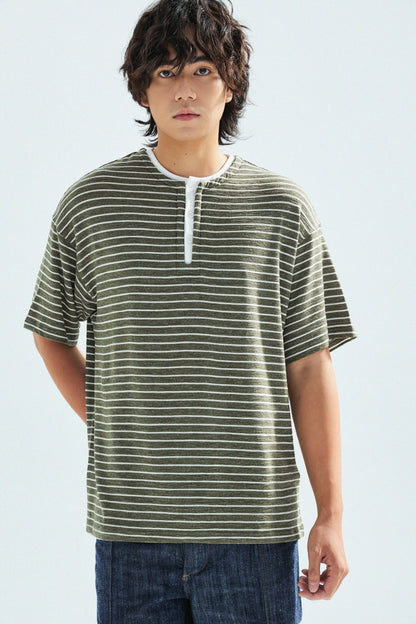 天竺棉假兩件亨利領T-Shirt（出岫色）Slub Cotton Faux Layered Henley T-Shirt（HILLSIDE GREEN） - Full House Denim & Workshop